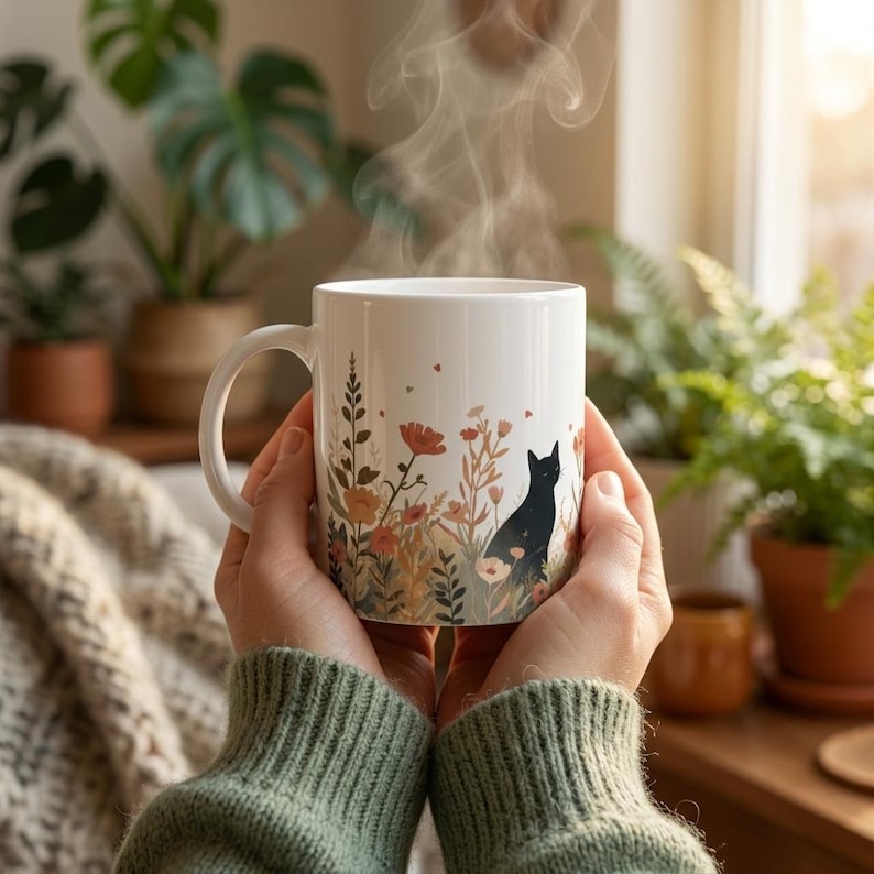 May include: A white ceramic mug featuring a printed illustration of a black cat sitting among various wildflowers in shades of orange, yellow, and green. The mug has a curved handle and contains a hot beverage with visible steam rising upward.