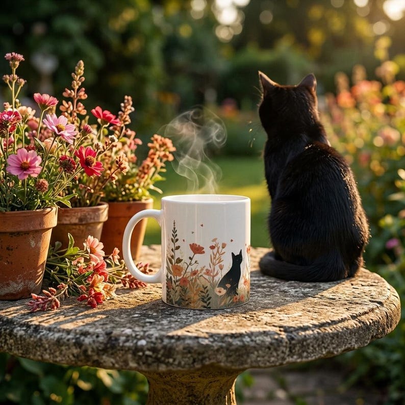 May include: A white ceramic mug featuring a printed illustration of a black cat sitting among orange and green wildflowers. Steam rises from the top of the mug, which is positioned next to potted pink flowers and a black cat sitting on a stone surface.