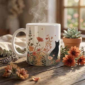 May include: A white ceramic mug featuring a printed illustration of a black cat sitting among orange and green wildflowers. Steam rises from the top of the mug, which is positioned on a wooden surface alongside a small potted succulent plant.