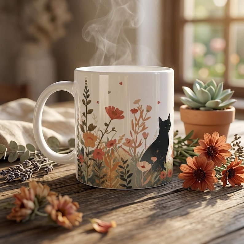 May include: A white ceramic mug featuring a printed illustration of a black cat sitting among orange and green wildflowers. Steam rises from the top of the mug, which is positioned on a wooden surface alongside a small potted succulent plant.