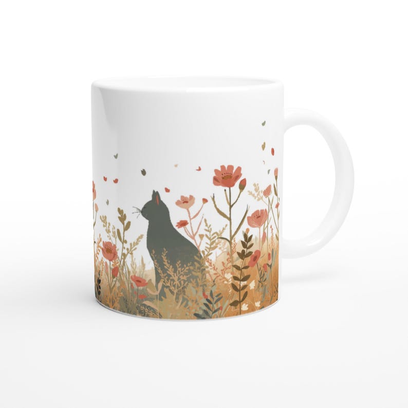 Black Cat Coffee Mug | Boho Wildflower Ceramic Mug | Cat Lover Gift | Cottagecore Mug | Floral Cat Mug | Cute Cat Mug | Gift for Cat Mom image 11