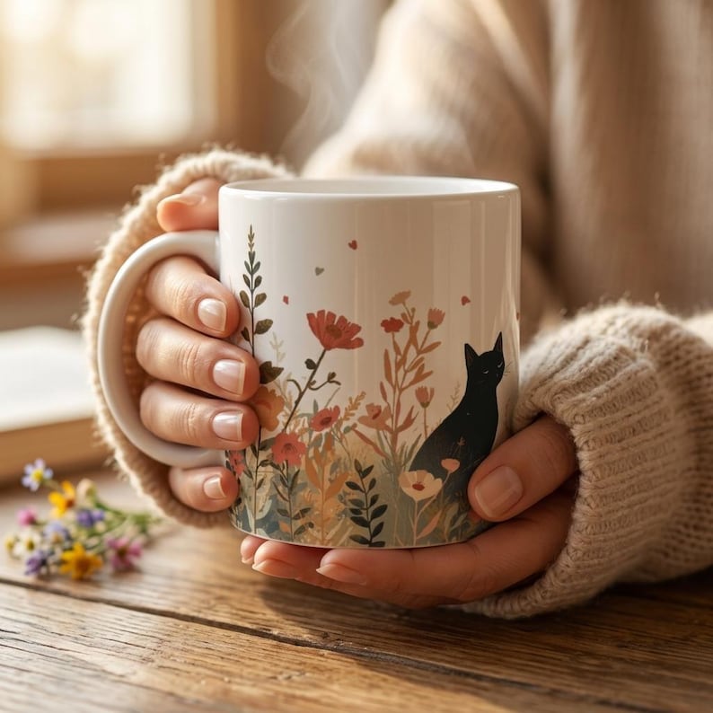 Black Cat Coffee Mug | Boho Wildflower Ceramic Mug | Cat Lover Gift | Cottagecore Mug | Floral Cat Mug | Cute Cat Mug | Gift for Cat Mom image 1