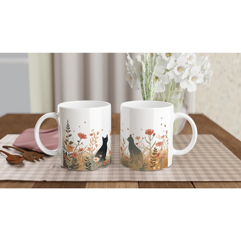 Black Cat Coffee Mug | Boho Wildflower Ceramic Mug | Cat Lover Gift | Cottagecore Mug | Floral Cat Mug | Cute Cat Mug | Gift for Cat Mom image 12