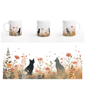 Black Cat Coffee Mug | Boho Wildflower Ceramic Mug | Cat Lover Gift | Cottagecore Mug | Floral Cat Mug | Cute Cat Mug | Gift for Cat Mom image 4