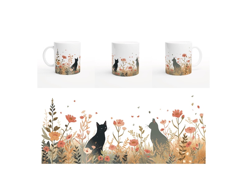 Black Cat Coffee Mug | Boho Wildflower Ceramic Mug | Cat Lover Gift | Cottagecore Mug | Floral Cat Mug | Cute Cat Mug | Gift for Cat Mom image 4