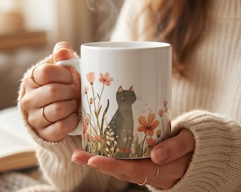 Boho Cats Wildflower Meadow Mug | Minimalist Cat Coffee Cup | Cottagecore Cat Mug | Cat Mom Gift | Whimsical Watercolor Art Cat Ceramic Mug