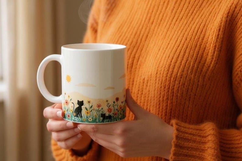 Könnte beinhalten: Weiße Keramiktasse mit umlaufendem Design mit schwarzen Katzen-Silhouetten in einem Feld bunter Blumen unter einer gelben Sonne und Wolken. Die Tasse hat einen gebogenen Henkel und ist mit einem heißen Getränk gefüllt.