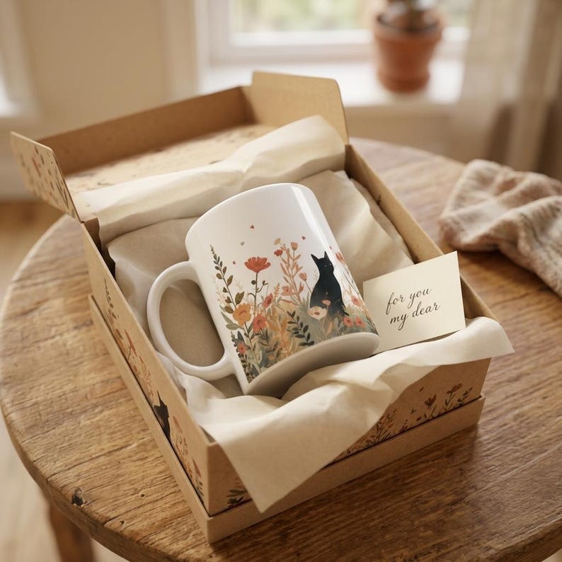 May include: A white ceramic mug featuring a black cat illustration surrounded by orange and red wildflowers, nestled in a brown cardboard gift box with white tissue paper and a small card printed with the text for you my dear.