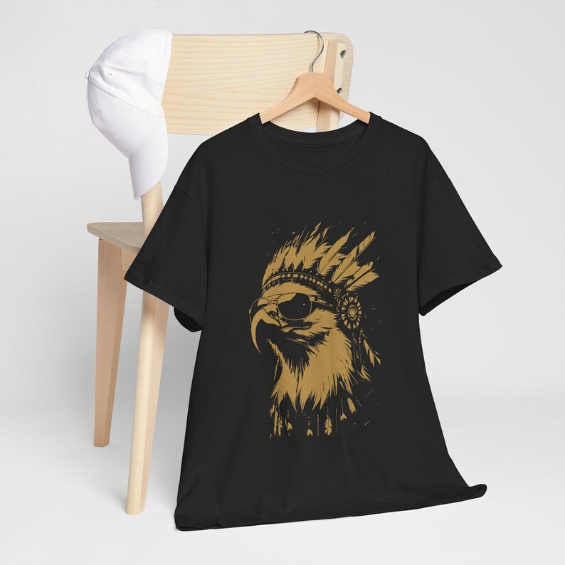 Cool Eagle with Sunglasses Tee | Golden Eagle with Native Indian Headdress | Modern Eagle Art Shirt | Gift for Him | Urban streetwear tee image 3