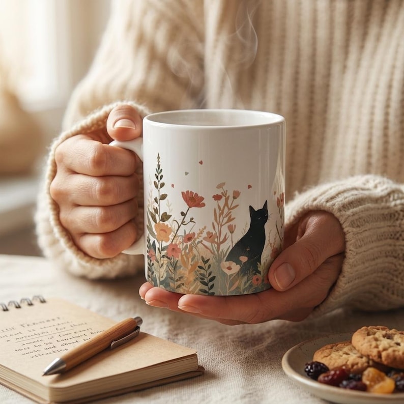 May include: A white ceramic mug featuring a printed illustration of a black cat sitting among various wildflowers in shades of orange, pink, and green. The mug has a smooth, cylindrical body with a handle on the side and contains a hot beverage.