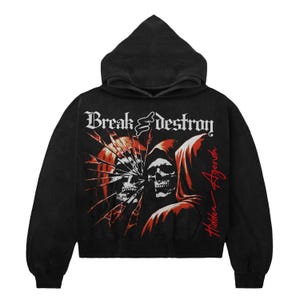 May include: Black hooded sweatshirt with a graphic design featuring two skulls, a broken mirror effect, and a hooded figure in red. The text "Break & Destroy" is above the graphic, with "Hidden Agenda" in red on the right side.