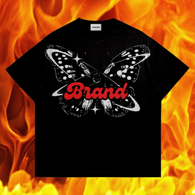 May include: Black t-shirt with a white graphic of a butterfly with the word "Brand" in red lettering.