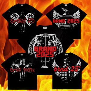 May include: Five black t-shirts with different graphic designs. The designs include a pair of hands, a globe with astronauts, a skull with wings, a grenade with wings, and a skull with wings. All designs feature the text "BRAND 2025" in red.