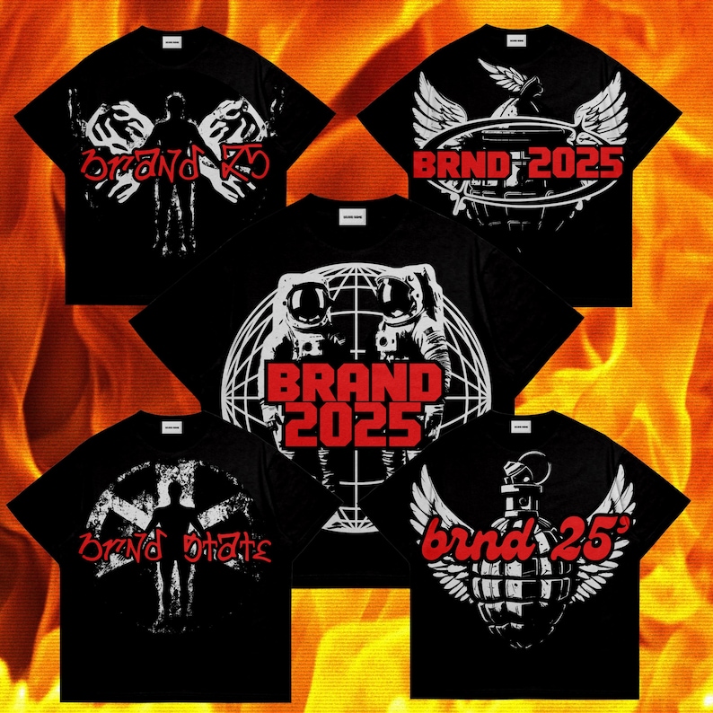 May include: Five black t-shirts with different graphic designs. The designs include a pair of hands, a globe with astronauts, a skull with wings, a grenade with wings, and a skull with wings. All designs feature the text "BRAND 2025" in red.