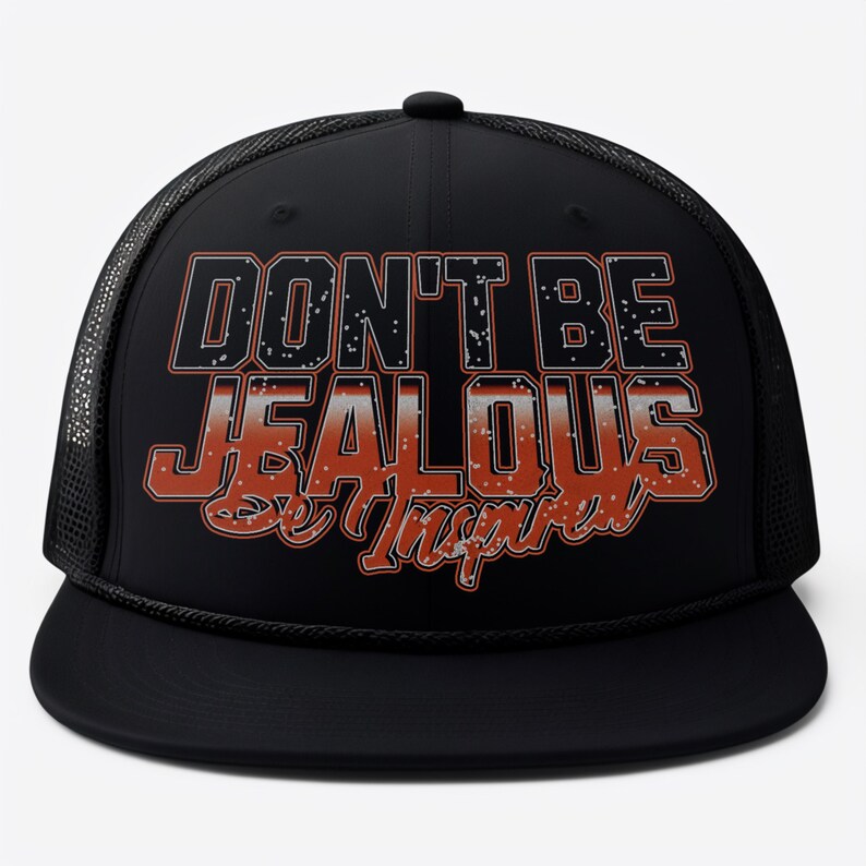 May include: Black trucker hat with a white mesh back. The front of the hat features a red and white graphic that says "Don't Be Jealous Be Inspired".