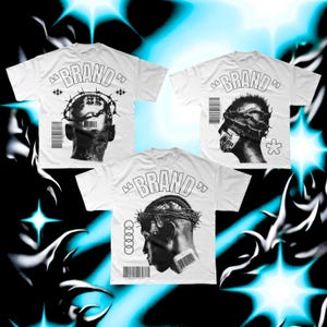 Puede incluir: Tres camisetas blancas con un diseño gráfico en blanco y negro. Cada camiseta presenta la palabra "BRAND" sobre una cabeza con una corona de alambre de púas. Una camiseta tiene un código de barras. El fondo tiene un diseño abstracto azul y negro.