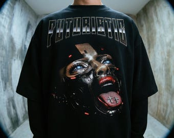 Grafisch T-shirt met chroom gezicht cyberpunk – futuristisch streetwear-ontwerp (png-bestand)