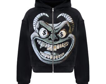 Graphic Zip Up Hoodie - Devil Money Face - Black