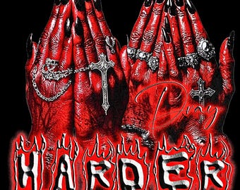 Pray Harder Red Demon Ladies PNG Tee Design | Holy Jewelry | 3000x3000 Transparent PNG | Commercial Use