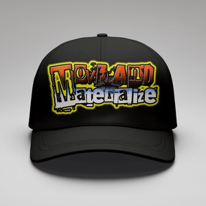 May include: Black baseball cap with a yellow, red and blue graphic that says "OVALAND Materialize".