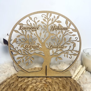 Arbre de vie en bois - Décoration personnalisée avec prénoms gravés sur plaque en bois.