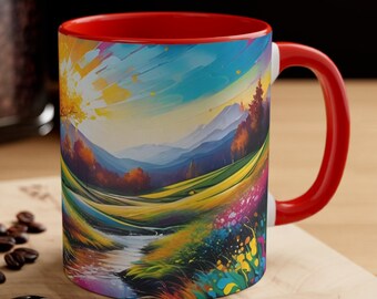 Taza de café con paisaje de acuarela y acento de río, 11 oz