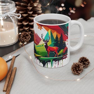 Watercolor Mountain, Deer, Outdoor Landscape Ceramic Mug 11oz