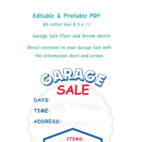 Garage Sale Flyer with Arrows, Digital Printable with Fillable Fields Template and Reset Forms button