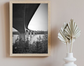 Sweden, bridge, photo, picture, black and white, b/w, landscape, lake