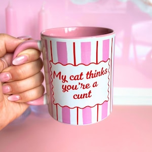 May include: A ceramic mug with pink and white stripes, a pink interior, and a pink handle. The mug displays the text "My cat thinks you're a cunt" in red script within a decorative white frame. The mug is set against a pink backdrop.