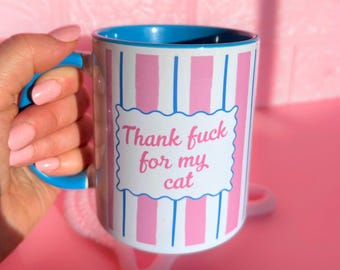Funny handmade cat mug, gift for her, pink and blue ceramic mug,