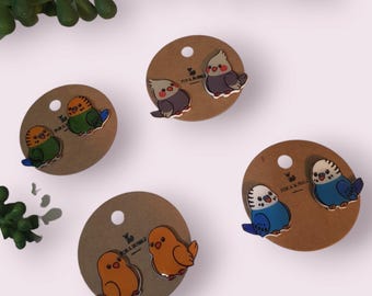 Può includere: Orecchini a forma di uccello in vari colori, tra cui verde, blu, arancione e grigio. Ogni paio è attaccato a un'etichetta circolare marrone con un piccolo foro nella parte superiore. Gli orecchini sono realizzati in materiale lucido.