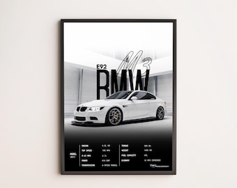 E92 M3 (White) M-Performance, bedroom decor, home decor, boys room decor, digital posters, luxury cars, automotive, car enthusiast, gifts