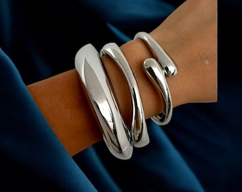 Geometric Metal Cuff Bangles – Punk Gold and Silver Spring Bangles for Women | Trendy Gift