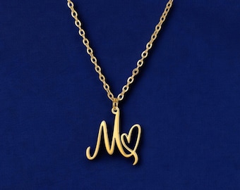 Gold Stainless Steel Heart Initial Necklace: Personalized Letter Pendant
