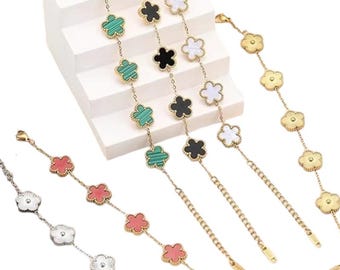 Gold Plated Lucky Clover Bracelet for Women – Double-Sided Floral Charm, Trendy Stainless Steel Jewelry Gift for Her