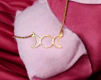 Triple Moon Goddess Necklace – Stainless Steel Pentagram & Sun Pendant | Wiccan Witch Jewelry, Gift for Her