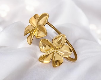Double Flower Cuff Bracelet – Elegant Gold & Silver Floral Stainless Steel Bangle for Women | Perfect Gift for Her on Special Occasions
