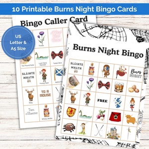 10 tarjetas de bingo de Burns Night para imprimir, que incluyen una tarjeta de llamada, juego de bingo imprimible, juego de bingo con temática escocesa