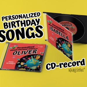 May include: Image of personalized birthday songs on CD. The CDs are in clear cases with red covers. The text on the CDs reads "4 Personalized Birthday Songs" and "Personalized Unique Birthday Songs for Oliver" and "Isabella". The background is yellow.