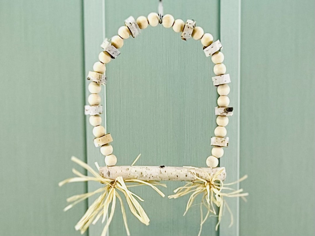 Picture of Natural Birch Wood Parrot Swing: Medium Bird Perch With Raffia - Etsy