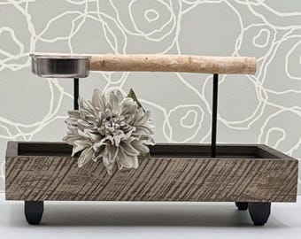 Grey Distressed Wooded Parrot Stand w/Feeding Dishes