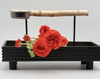 Black Fluted Wood Parrot Stand w/Feeding Dishes