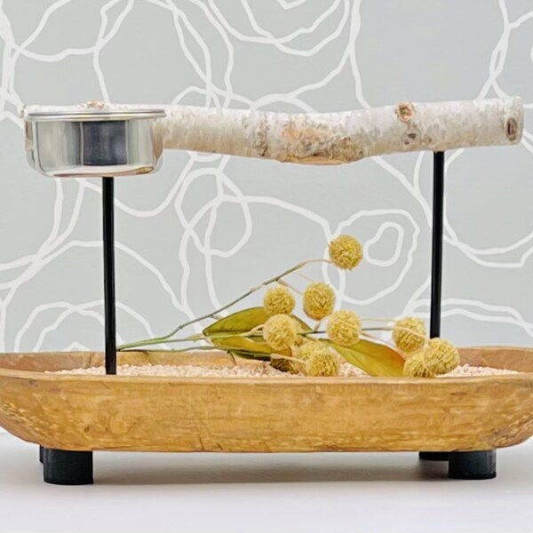 Large Stained Footed Parrot Stand w/Feeding Dishes • Portable Parrot Stand • Tabletop Parrot Stand • Modern Parrot Stand • Bird Perch Stand