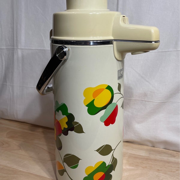 Large 70s  Zojirushi Air Pump Coffee Carafe with Multicolor Flower Design