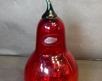 Blenko Hand Blown Red Glass Pear w/ Label Made in USA