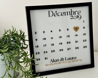 Cadre calendrier date personnalisé cadeau saint-valentin,coordonnée géographique,  calendrier date importante, cadeau amoureux