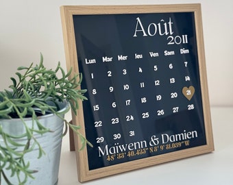 Cadre calendrier date personnalisé cadeau saint-valentin,coordonnée géographique,  calendrier date importante, cadeau amoureux