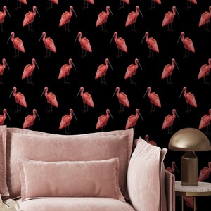 Carta da parati con uccelli fenicotteri rosa | Decorazione da parete | Ristrutturazione casa | Arte della parete | Carta da parati in vinile staccabile e incollabile o non autoadesiva