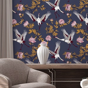 Japanische Kranichvogel-Tapete, Pfingstrosenblume | Wanddekoration | Hausrenovierung | Wandkunst | Vinyl-Tapete zum Abziehen und Aufkleben oder nicht selbstklebend
